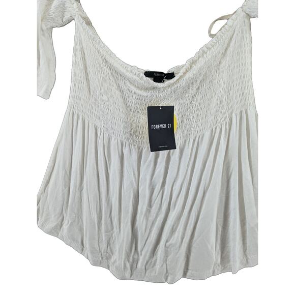 Forever 21 Off Shoulder Blouse Large Ivory Flowy Boho Smocked Summer Top Loose - Picture 2 of 11